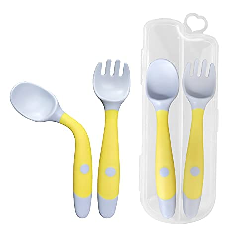 Tomedeks 2 Piezas Cubiertos De Cuchara Y Tenedor De, Utilizados Para El Entrenamiento De Alimentación Infantil, Fácil De Sostener, Resistente Al Calor, Cuchara De Aprendizaje Flexible (Yellow)