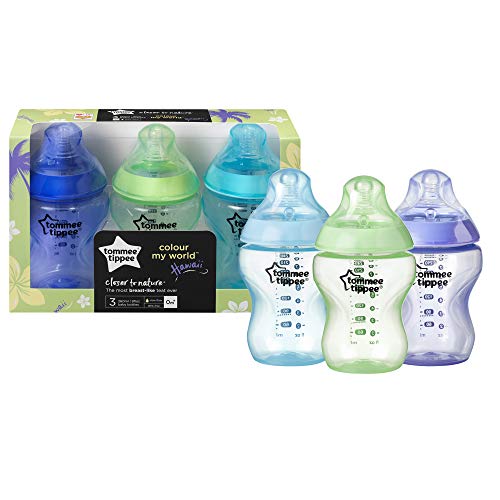 Tommee Tippee Closer to Nature Biberones, Tetina de Flujo Lento con Forma de Pecho y Válvula Anticólico, 260ml, Pack de 3, Variedad de Colores