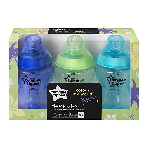 Tommee Tippee Closer to Nature Biberones, Tetina de Flujo Lento con Forma de Pecho y Válvula Anticólico, 260ml, Pack de 3, Variedad de Colores