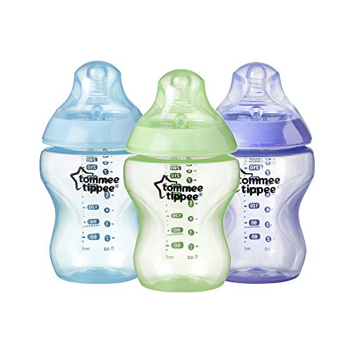 Tommee Tippee Closer to Nature Biberones, Tetina de Flujo Lento con Forma de Pecho y Válvula Anticólico, 260ml, Pack de 3, Variedad de Colores