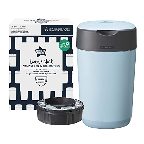 Tommee Tippee - Contenedor Para Pañales Avanzado Twist And Click, Nuevo Sistema Ecológico, Incluye 1 Recambio Con Película Greenfilm Antibacteriana Y Sostenible, Unisex, Azul