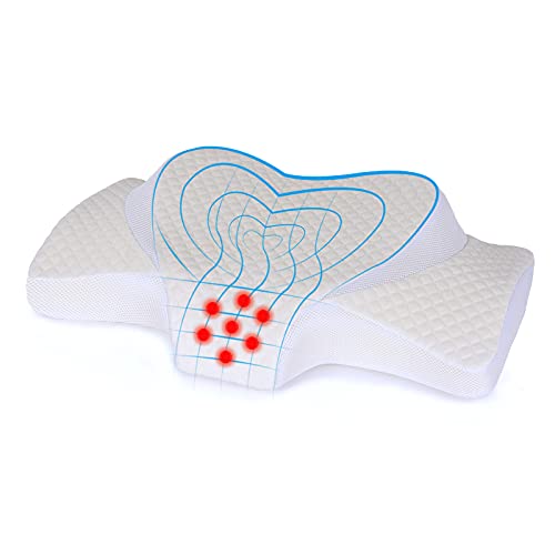 Topmener Almohada Cervical Viscoelástica Ergonómico para Aliviar de Dolor del Cuello con Puntos de Masaje y Diferentes Alturas, Funda Lavable - 63x38x8-13,5 CM, Suave en Forma de Corazón