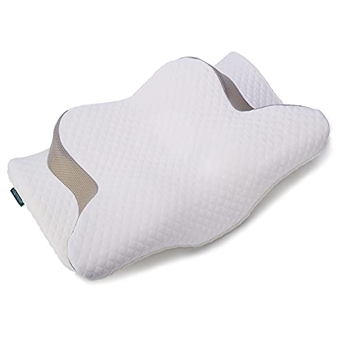 Topmener Almohada Cervical Viscoelástica Ergonómico para Aliviar de Dolor del Cuello y Hombro para Durmientes Lateral, Trasero y Boca Abajo, Funda de Almohada Extraíble y Lavable 63x38x8-13.5 CM