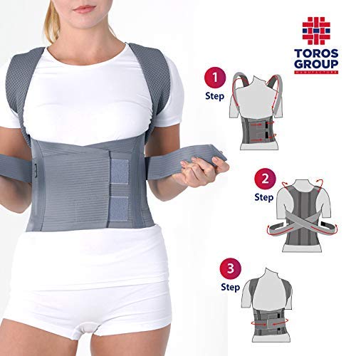 TOROS-GROUP Corrector de Postura Espalda; Soporte de Espalda y Columna Lumbar; Aliviar el dolor de Espalda y Hombro; Ajustables; para hombres y mujeres Medium Gris