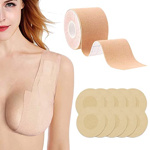 TOULIFLY Cinta de Levantamiento de Senos, Cinta de Sujetador de Senos, Breast Tape, Cinta de Senos, Invisible Cinta con 5 Pares de Cubre Pezones, para Prevenga la Flacidez del Pecho 5m x 5cm