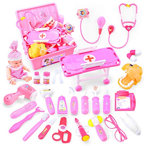 TR Turn Raise Juguetes de Médicos,32 Piezas Doctora de Juguetes, Enfermera Médico Kit Parque Infantil para Niños,Juego de rol Regalos para Niños Mayores de 3 años con Accesorios (Rosa)