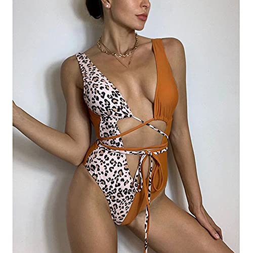 Trajes De Baño Para Mujer,Trajes De Baño De Una Pieza Hundidos, Trajes De Baño De Corte Alto, Monos De Vendaje Cruzado Para Mujeres, Patchwork De Leopardo, Bañistas Sin Espalda Sexy, Leopardo, L