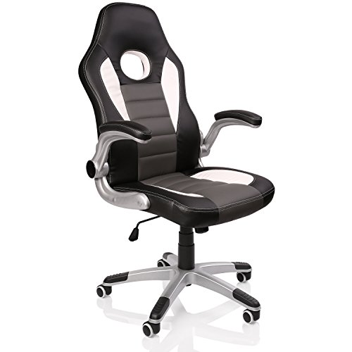 TRESKO® Silla de Oficina Racing Gaming giratoria, Escritorio Ordenador, 4 Colores Diferentes, reposabrazos Acolchados y Regulables, Mecanismo de inclinación basculante (Negro/Blanco/Gris)