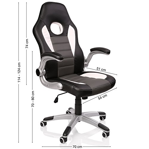 TRESKO® Silla de Oficina Racing Gaming giratoria, Escritorio Ordenador, 4 Colores Diferentes, reposabrazos Acolchados y Regulables, Mecanismo de inclinación basculante (Negro/Blanco/Gris)