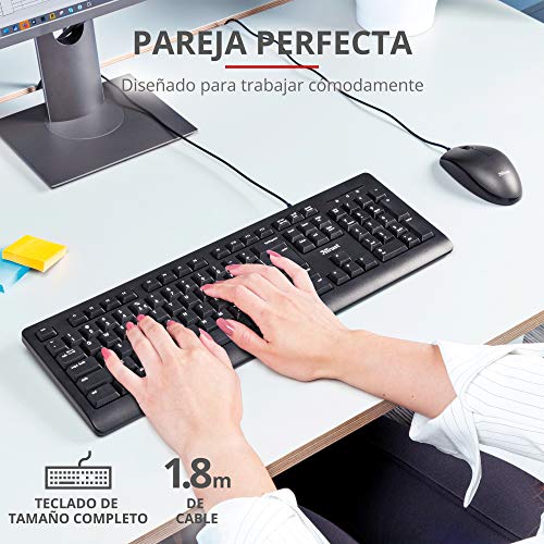 Trust Taro Pack Teclado y Ratón con Cable - Disposición QWERTY Español, Cable de 1.8m, Conexión USB, Teclado Resistente a los Vertidos, Windows, Mac, PC, Ordenador Portátil, Negro