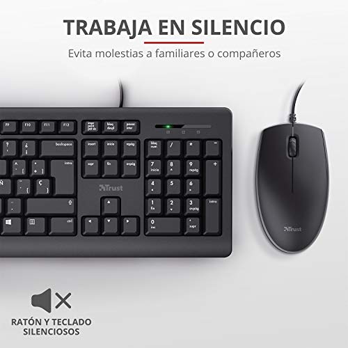 Trust Taro Pack Teclado y Ratón con Cable - Disposición QWERTY Español, Cable de 1.8m, Conexión USB, Teclado Resistente a los Vertidos, Windows, Mac, PC, Ordenador Portátil, Negro