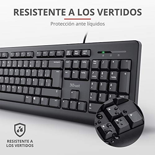 Trust Taro Pack Teclado y Ratón con Cable - Disposición QWERTY Español, Cable de 1.8m, Conexión USB, Teclado Resistente a los Vertidos, Windows, Mac, PC, Ordenador Portátil, Negro