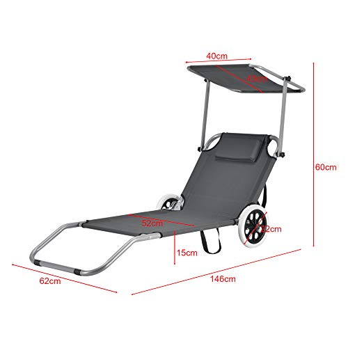 Tumbona con 2 Ruedas 146 x 52 x 15 cm Silla de Playa con Parasol para jardín terraza Patio Piscina Playa Gris Oscuro