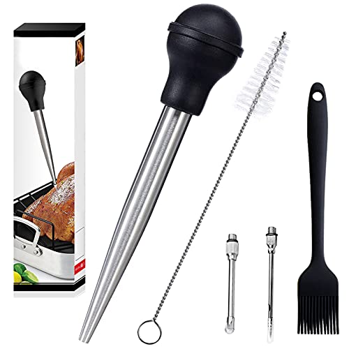 Turkey Baster Syringe，304 Inoxidable Acero Jeringa，Jeringa BBQ, Pipeta Para Salsa，Jeringa Cocina Utensilios，Contiene Cepillo de Silicona，Cepillo de Limpieza, Bulbo Más Nuevo del Silicón