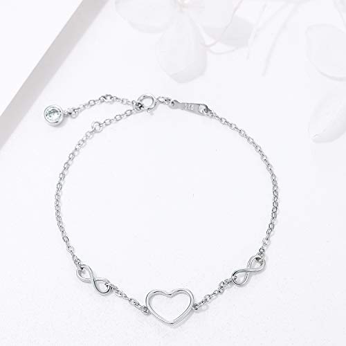 Tusuzik Pulsera de plata de ley 925 para mujeres niñas, pulseras de con corazón símbolo de infinito