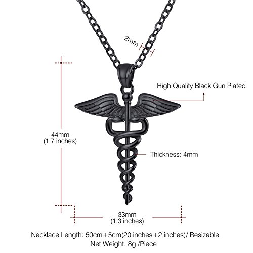 U7 Símbolo Médico Caduceo Colgante Collar Regalos para médico y Enfermera Material Acero Inoxidable Tono Negro Oscuro Collares Modernos para cumpleaños