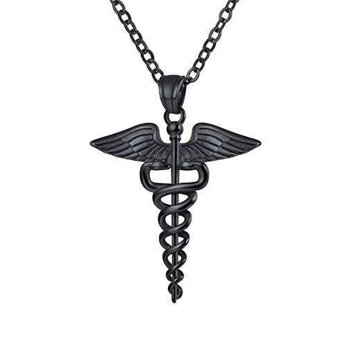 U7 Símbolo Médico Caduceo Colgante Collar Regalos para médico y Enfermera Material Acero Inoxidable Tono Negro Oscuro Collares Modernos para cumpleaños