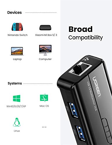 UGREEN Hub USB 3.0 Ethernet Adaptador 1000 Gigabit Ethernet, Tarjeta Red LAN RJ45 con 3 USB 3.0 Puerto 5Gbps para Xiaomi Mi Box S, Macbook, Lenovo Y530, Ideapad, Raspberry Pi 4 y Otros Portátiles