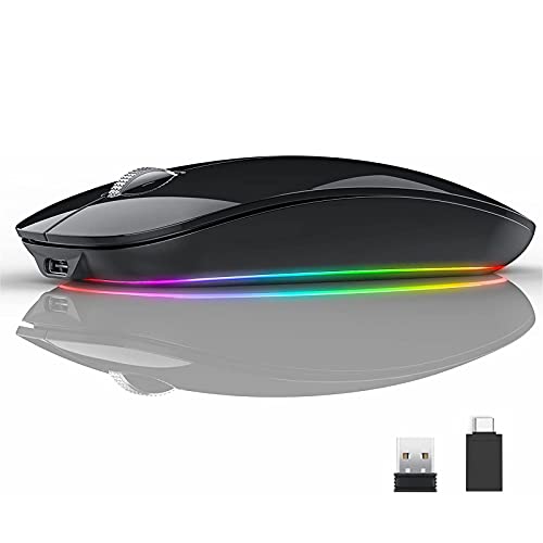 Uiosmuph U15 RGB Ratón inalámbrico, 2.4 GHz LED Ratón Silencioso Recargable con Adaptador de Receptor Nano USB Tipo c para Ordenador portátil Tablet PC Mac (Negro)