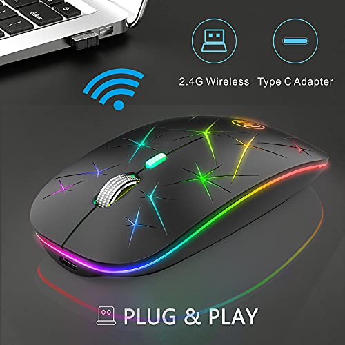 Uiosmuph U19 Ratón Inalámbrico, LED Recargable Mouse Silencioso con Adaptador de Receptor Nano USB Tipo c Ratón para Laptop, PC, Ordenador, Computadora, Notebook (Arena Negra)