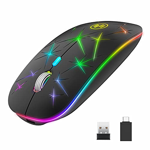 Uiosmuph U19 Ratón Inalámbrico, LED Recargable Mouse Silencioso con Adaptador de Receptor Nano USB Tipo c Ratón para Laptop, PC, Ordenador, Computadora, Notebook (Arena Negra)