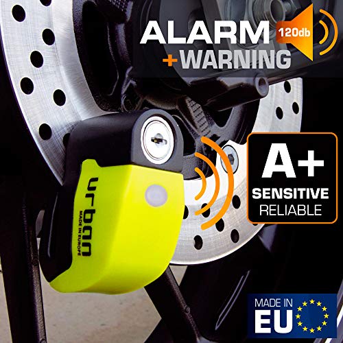 urban UR6 Candado Antirrobo Disco con Alarma+Warning 120dBA, 6 mm, Made In EU, Amarillo Flúor, Única