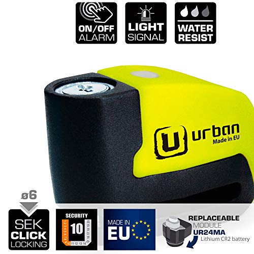 urban UR6 Candado Antirrobo Disco con Alarma+Warning 120dBA, 6 mm, Made In EU, Amarillo Flúor, Única