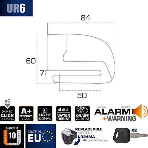 urban UR6 Candado Antirrobo Disco con Alarma+Warning 120dBA, 6 mm, Made In EU, Amarillo Flúor, Única