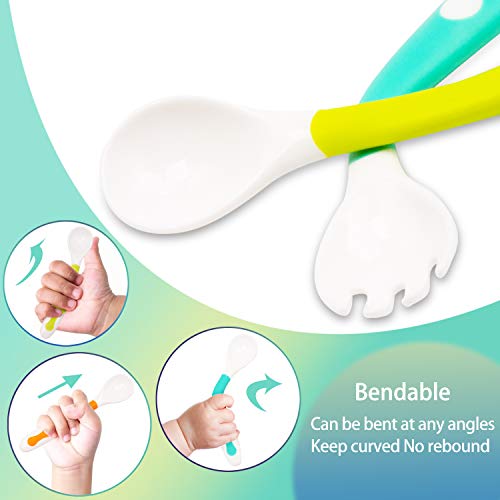 Utensilios para bebé Cucharas Set de bifurcaciones con estuche seguro para viajes Niños Alimentación Cuchara de entrenamiento Agarre fácil Resistente al calor Flexible Aprender cucharas (juego de 2)