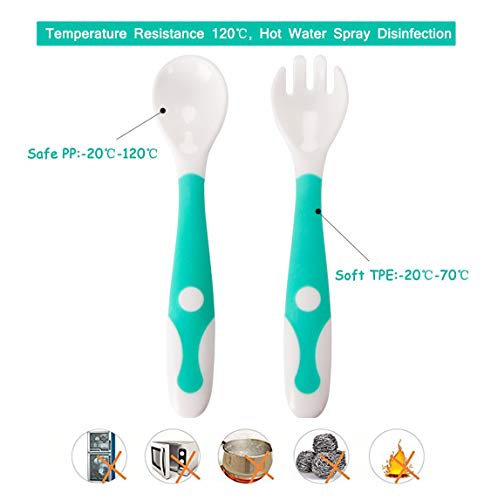 Utensilios para bebé Cucharas Set de bifurcaciones con estuche seguro para viajes Niños Alimentación Cuchara de entrenamiento Agarre fácil Resistente al calor Flexible Aprender cucharas (juego de 2)