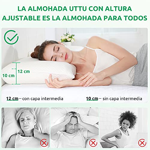 UTTU Almohada de espuma viscoelástica, almohada cervical con altura ajustable, almohada con funda de bambú removible y lavable, almohadas para dormir para los lados y la espalda