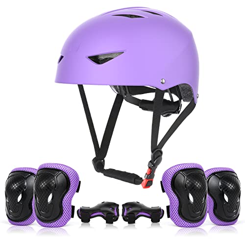 ValueTalks Set de Protección Patinaje, Protección Infantil Consta de Casco Ajustable Rodilleras Coderas, Patinaje Ciclismo Monopatín y Deportes Extremos（Morado)