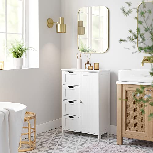 VASAGLE Gabinete de Baño, Gabinete de Almacenamiento con 4 Cajones y 1 Armario de Taquilla, Puerta Simple, Estante Ajustable, para Sala de Estar, Cocina, Entrada, Blanco LHC41W