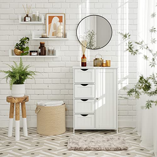 VASAGLE Gabinete de Baño, Gabinete de Almacenamiento con 4 Cajones y 1 Armario de Taquilla, Puerta Simple, Estante Ajustable, para Sala de Estar, Cocina, Entrada, Blanco LHC41W