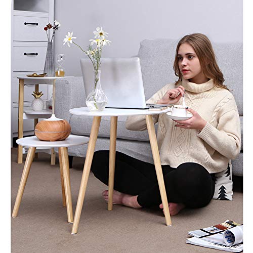 VASAGLE Mesas auxiliares nórdicas, Juego de 2 mesas de café, Mesaits de Centro para salón, Mesas Redondas, Patas de Madera de Pino, Blanco y Natural LET07WN