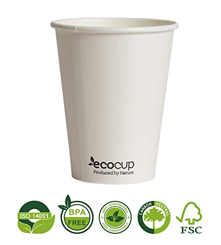 Vasos de Café Desechables, Biodegradables y Compostables- 500Uds 400ml/ 12oz -Materiales 100% Ecológicos: Cartón con Certificado FSC®, Revestimiento de Bioplástico PLA Ingeo™. Blanco