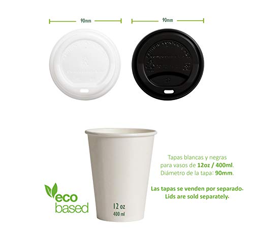 Vasos de Café Desechables, Biodegradables y Compostables- 500Uds 400ml/ 12oz -Materiales 100% Ecológicos: Cartón con Certificado FSC®, Revestimiento de Bioplástico PLA Ingeo™. Blanco