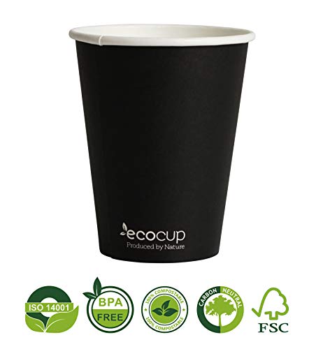 Vasos de Café Desechables, Biodegradables y Compostables- 500Uds 400ml/12oz -Materiales 100% Ecológicos: Cartón con Certificado FSC®, Revestimiento de Bioplástico PLA Ingeo™. Negro