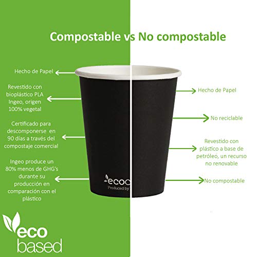 Vasos de Café Desechables, Biodegradables y Compostables- 500Uds 400ml/12oz -Materiales 100% Ecológicos: Cartón con Certificado FSC®, Revestimiento de Bioplástico PLA Ingeo™. Negro