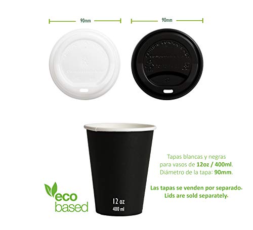 Vasos de Café Desechables, Biodegradables y Compostables- 500Uds 400ml/12oz -Materiales 100% Ecológicos: Cartón con Certificado FSC®, Revestimiento de Bioplástico PLA Ingeo™. Negro