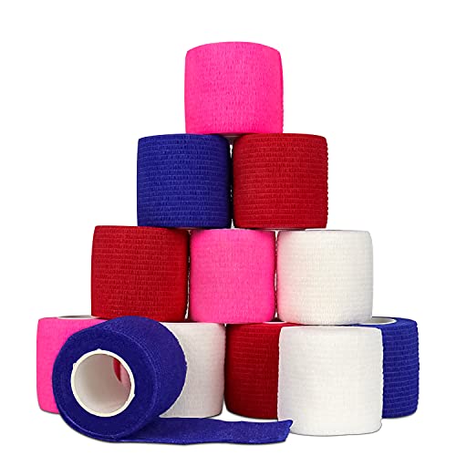 Venda Cohesiva Envoltura Tape Vet,Vendajes cohesivo cinta Elásticos Adhesivos,5cmx4,5m 12 Pack Vendaje Autoadhesivo para Primeros Auxilios,Lesiones Deportivas,Esguinces de Tobillo y Muñeca(Multicolor)