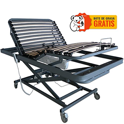 Ventadecolchones - Camas Articuladas Geriátrica de Hospital con Carro Elevador y Colchón Impermeable Viscoelástico 10+5 Medida 90 x 190 cm con Juego de Barandillas - Incluye Bote de Grasa