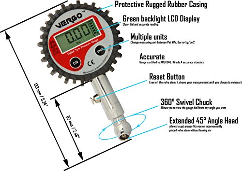 VERGO Medidor Digital de Presión para Neumáticos – Manometro Pantalla de 2 Pulgadas-LCD iluminada-Unidades de Medida Multiples - 0-200 PSI/ 0-14 Bar - Auto Coche Moto Camión-Pilas Baterias Incluidas