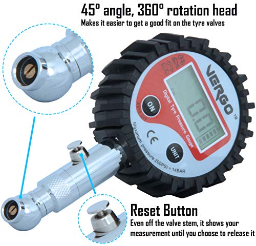 VERGO Medidor Digital de Presión para Neumáticos – Manometro Pantalla de 2 Pulgadas-LCD iluminada-Unidades de Medida Multiples - 0-200 PSI/ 0-14 Bar - Auto Coche Moto Camión-Pilas Baterias Incluidas
