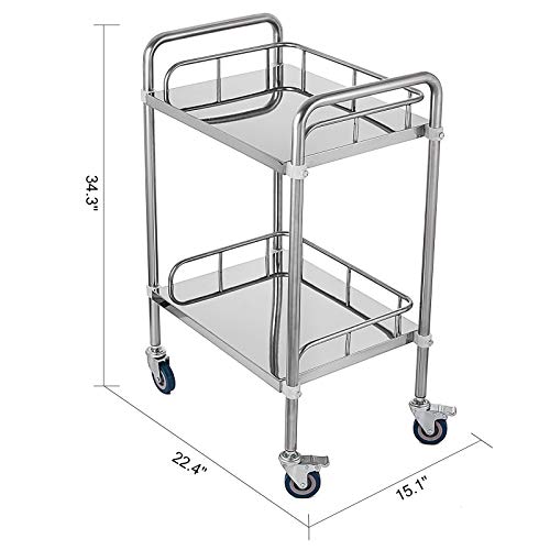 VEVOR Carrito Médico de Laboratorio de 56,9 x 38,4 x 87,1 cm, Carrito Acero Inoxidable de 2 Capas para Hospitales, Carrito de Metal con 4 Ruedas Omnidireccional para Clínicas Cafeterías Hoteles