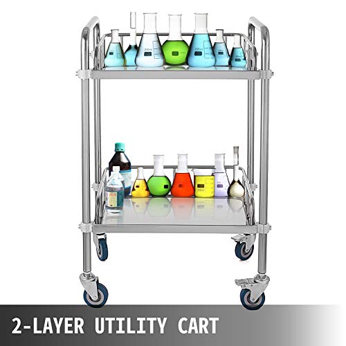 VEVOR Carrito Médico de Laboratorio de 56,9 x 38,4 x 87,1 cm, Carrito Acero Inoxidable de 2 Capas para Hospitales, Carrito de Metal con 4 Ruedas Omnidireccional para Clínicas Cafeterías Hoteles