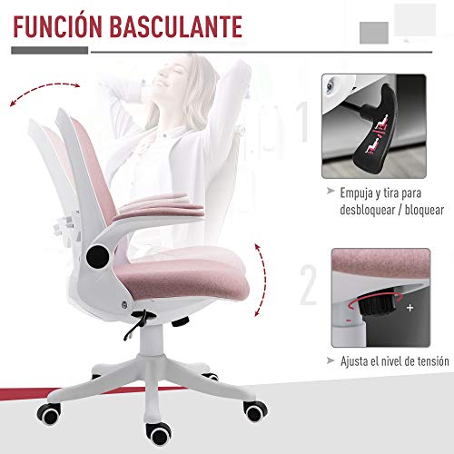 Vinsetto Silla de Escritorio Silla Giratoria de Oficina Función Basculante Altura Ajustable Ergonómica con Reposabrazos Elevable Carga 120 kg 62,5x60x90-98 cm Rosa