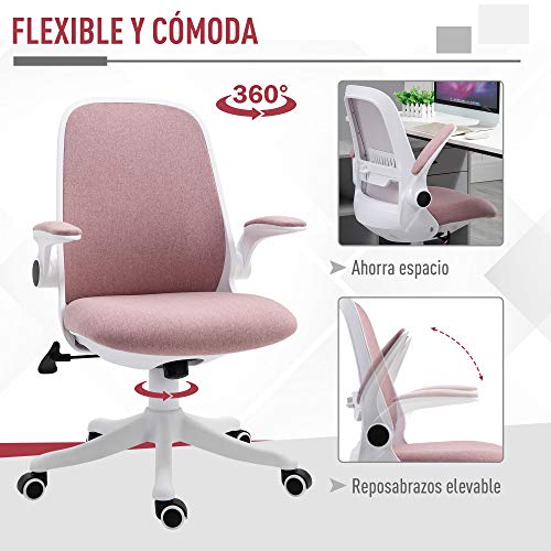 Vinsetto Silla de Escritorio Silla Giratoria de Oficina Función Basculante Altura Ajustable Ergonómica con Reposabrazos Elevable Carga 120 kg 62,5x60x90-98 cm Rosa