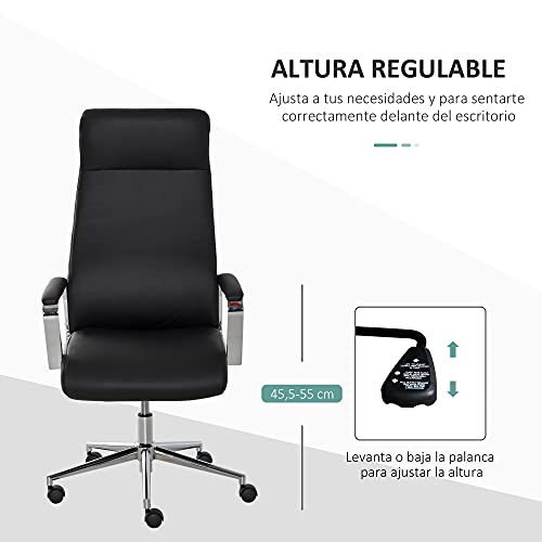 Vinsetto Silla de Oficina Ergonómica Giratoria Ajustable en Altura Basculante con Reposabrazos y Respaldo Alto Ruedas para Oficina Hogar 63x64x118,5-128 cm Negro