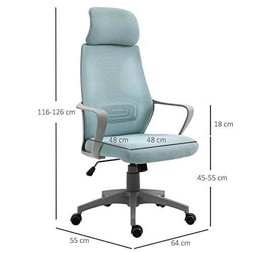 Vinsetto Silla de Oficina Ergonómica Silla de Escritorio Basculante Ajustable en Altura con Respaldo Reposabrazos Reposacabezas 5 Ruedas Soporta hasta 120 kg 64x55x116-126 cm Azul